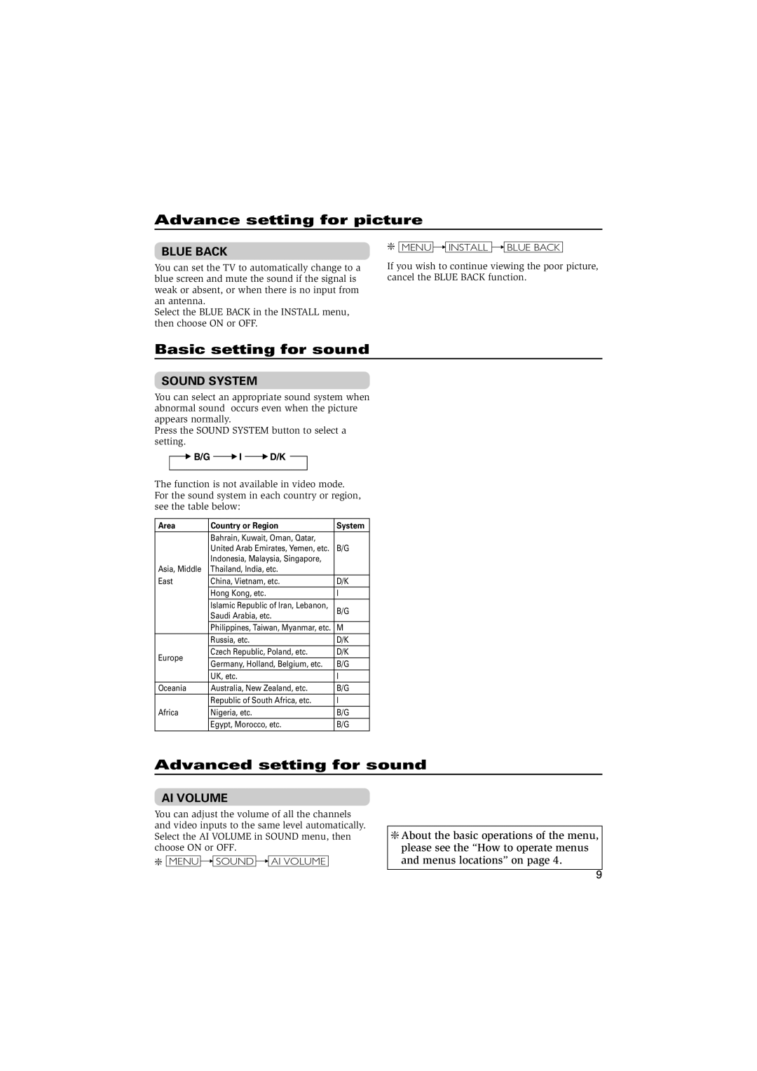 JVC AV-14145N, AV-14148N specifications Advance setting for picture, Basic setting for sound, Advanced setting for sound 