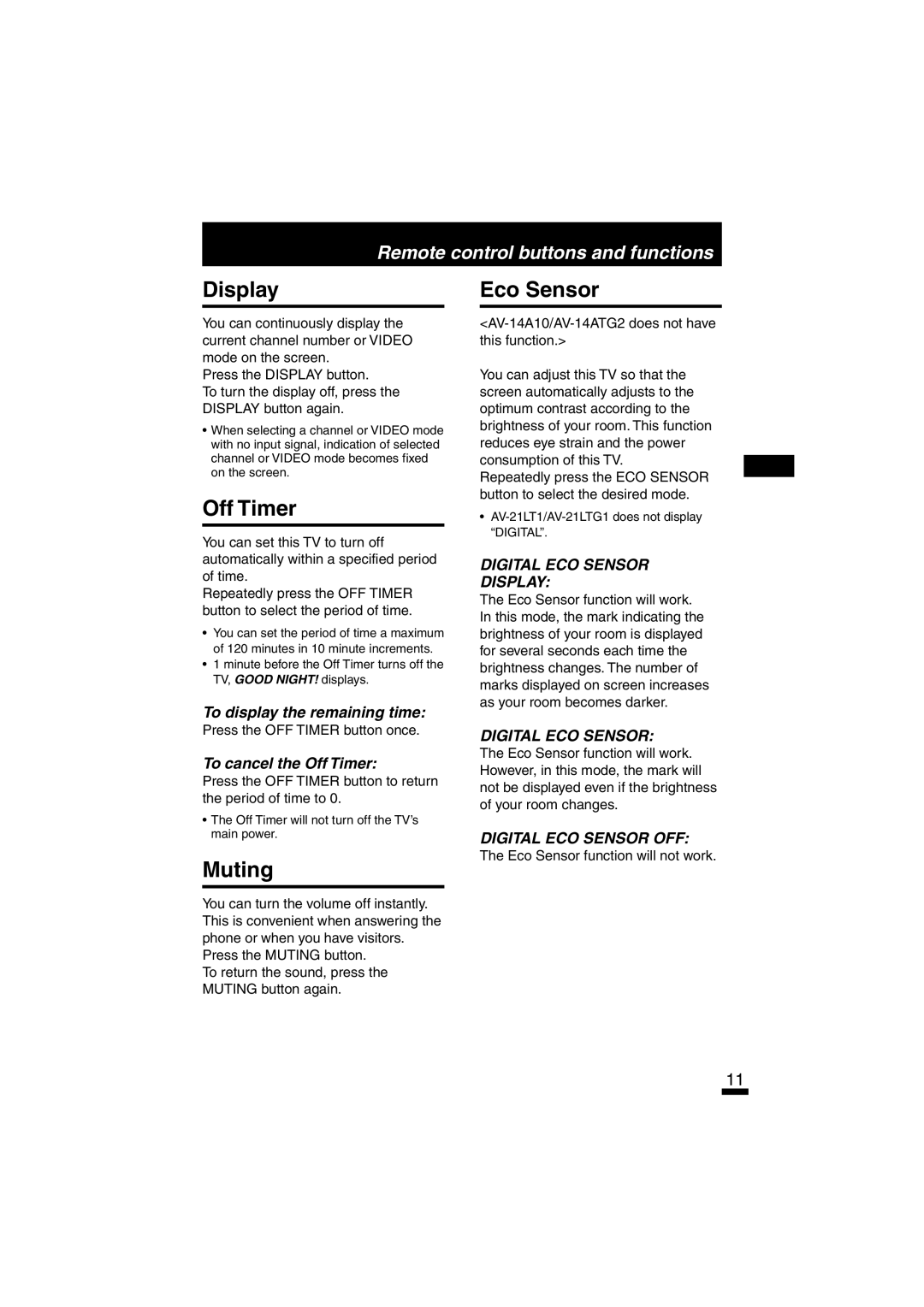 JVC AV-14A10 specifications Display, Off Timer, Muting, Eco Sensor 