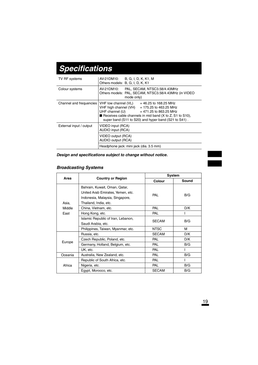 JVC AV-14A10 specifications Specifications, Broadcasting Systems, Area Country or Region System Colour Sound 