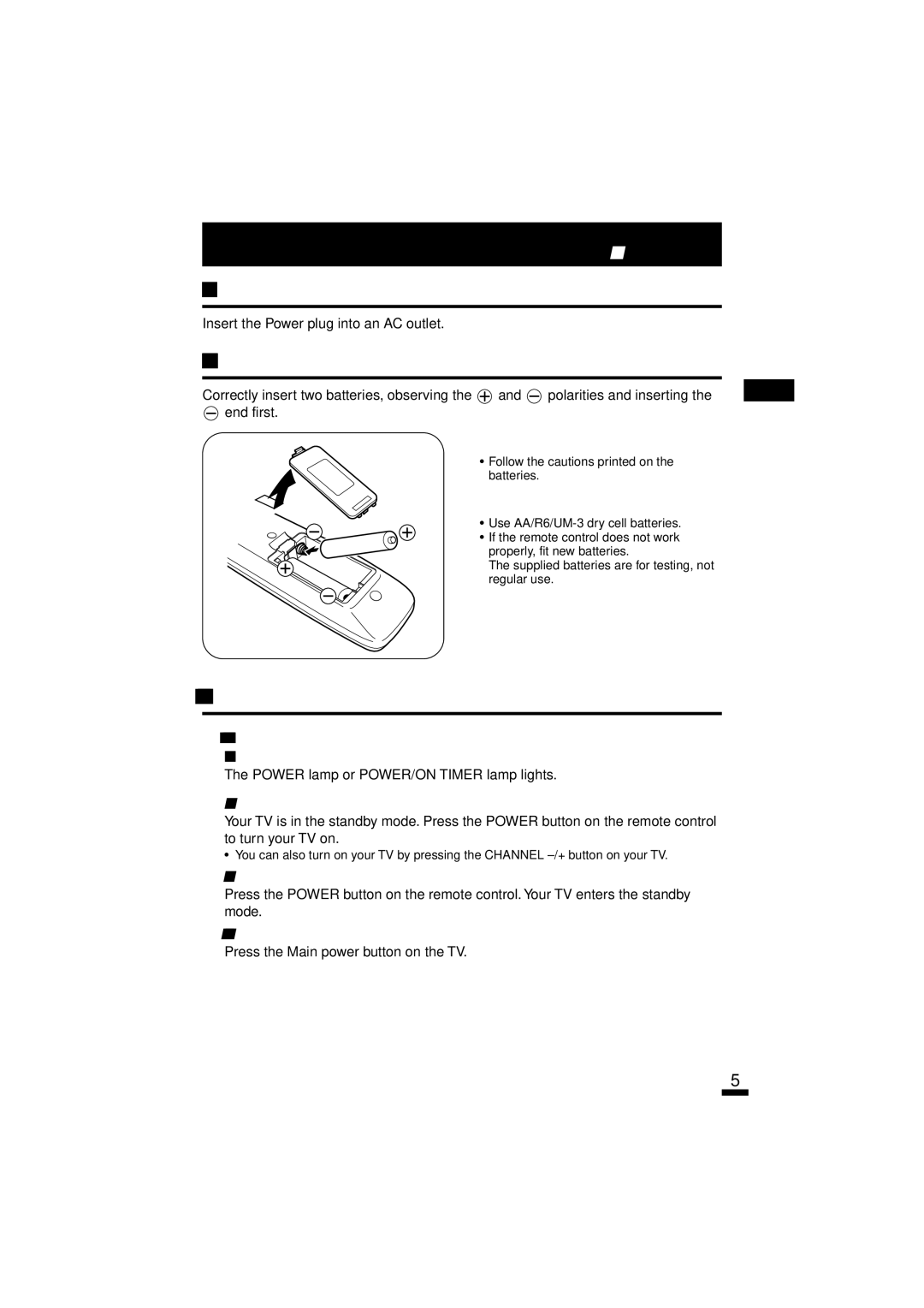 JVC AV-14A10 specifications Connecting the power cord, Inserting batteries into the remote control, Turning your TV on 