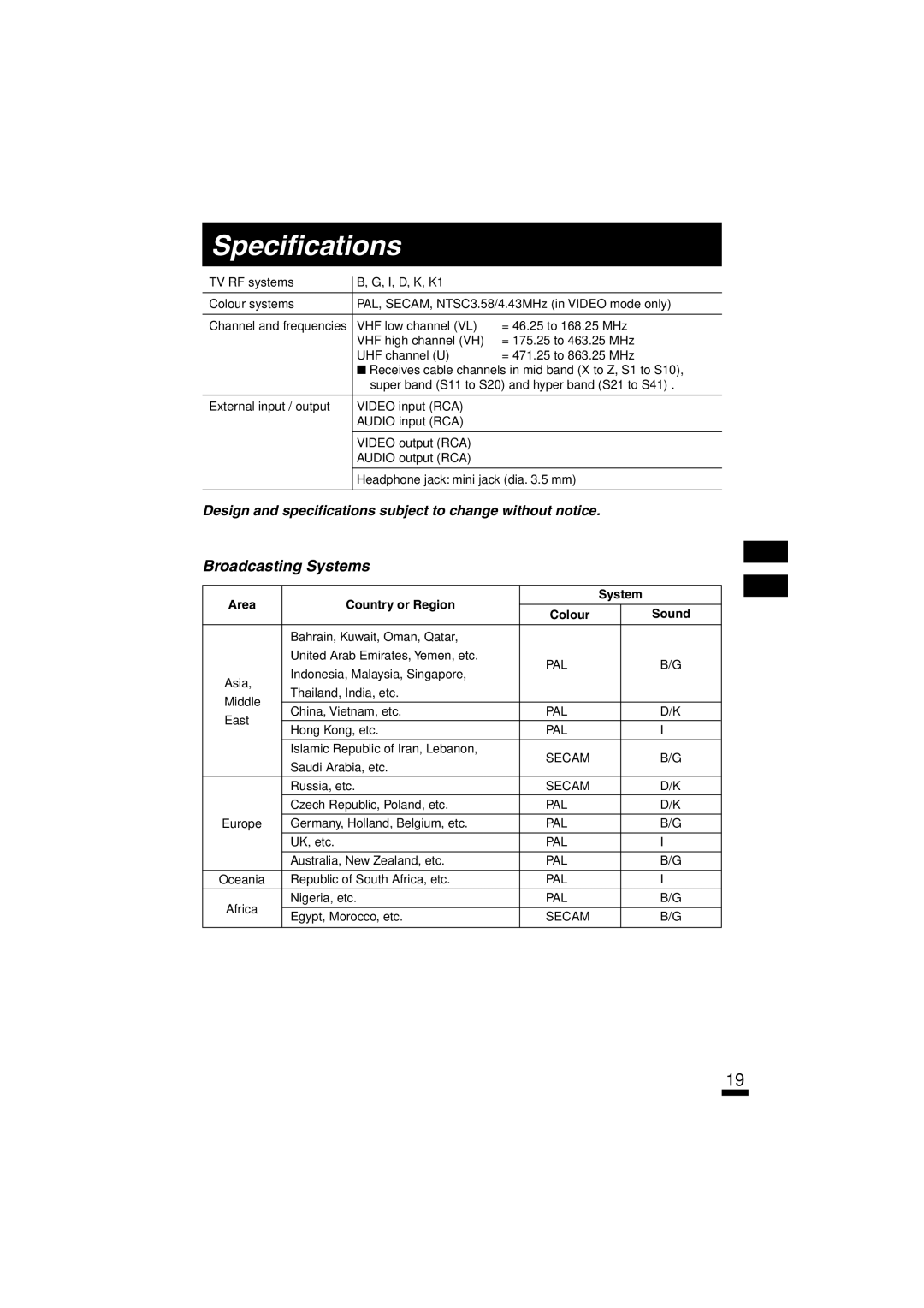 JVC AV-14A10,AV-14F10, AV-20N10, AV-21A10, AV-21D10, AV-21F10 specifications Specifications, Broadcasting Systems 