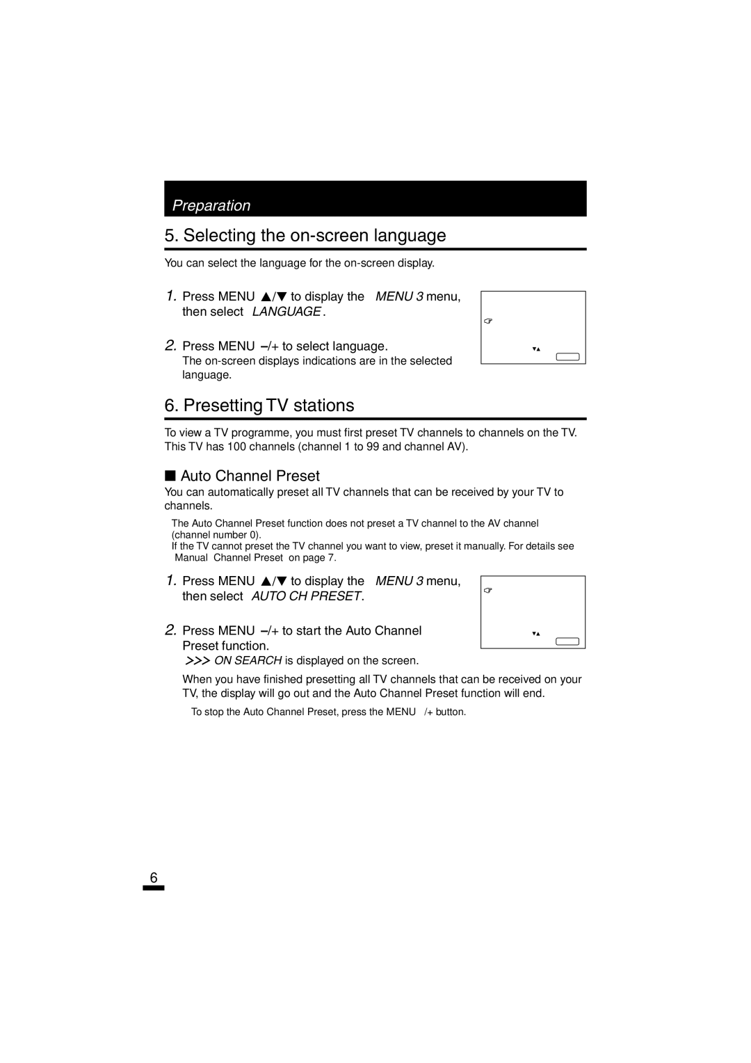 JVC AV-14A10,AV-14F10, AV-20N10, AV-21A10, AV-21D10, AV-21F10 Selecting the on-screen language, Presetting TV stations 