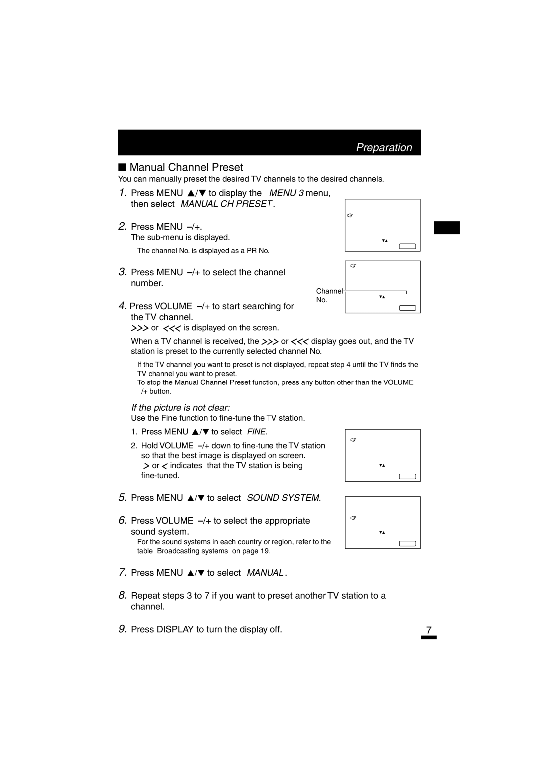 JVC AV-14A10,AV-14F10, AV-20N10, AV-21A10, AV-21D10, AV-21F10 specifications Manual Channel Preset, TV channel 