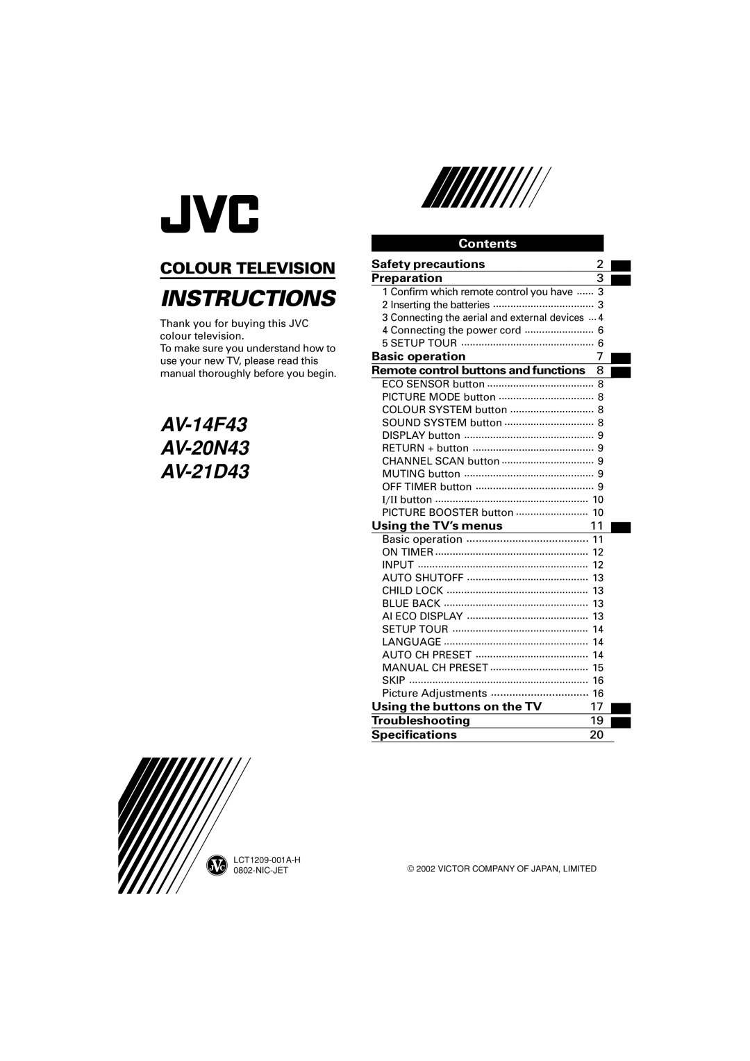 JVC AV-14F43, AV-20N43, AV-21D43 specifications Instructions 