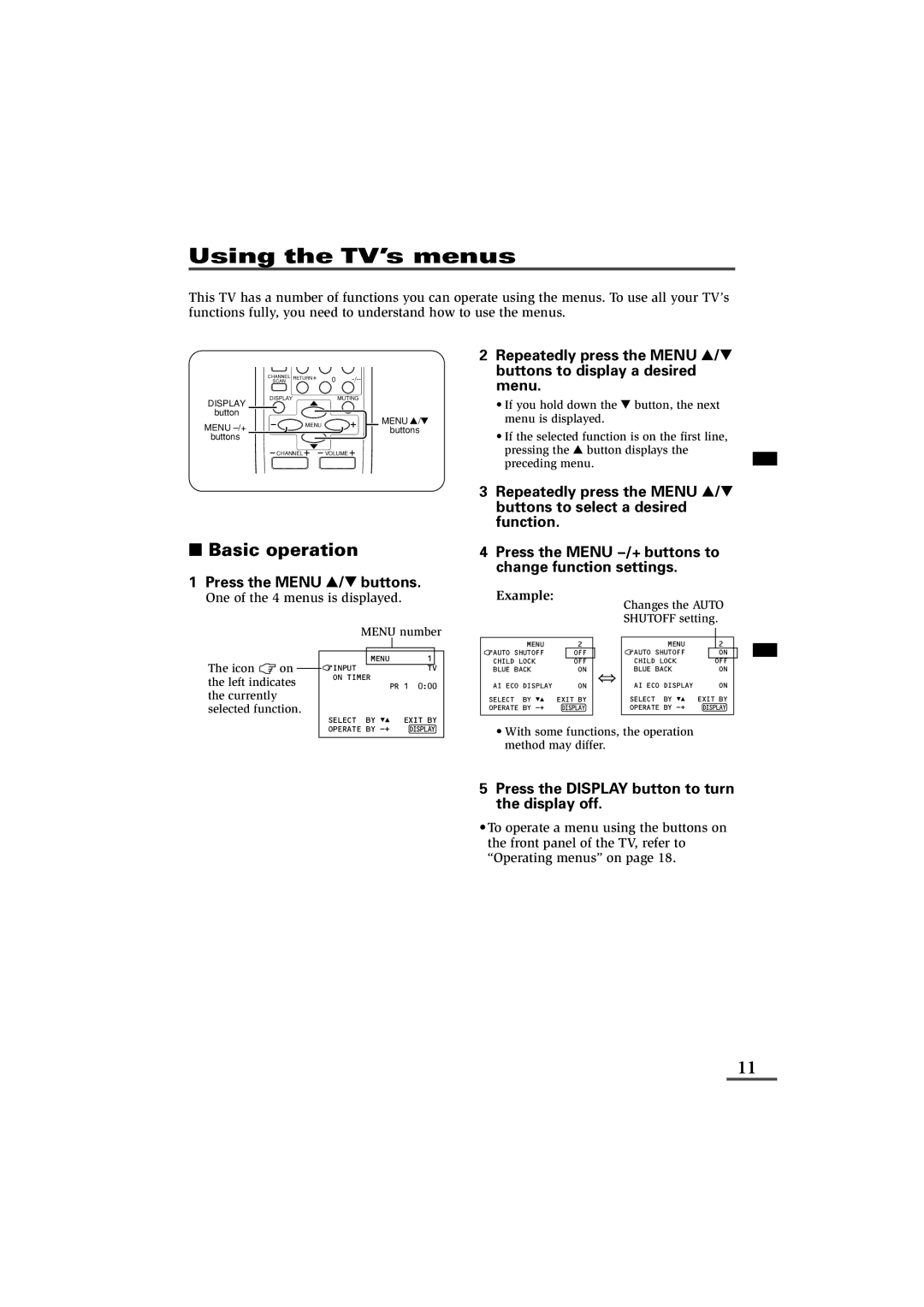 JVC AV-14F43, AV-20N43, AV-21D43 specifications Using the TV’s menus, Basic operation, One of the 4 menus is displayed 