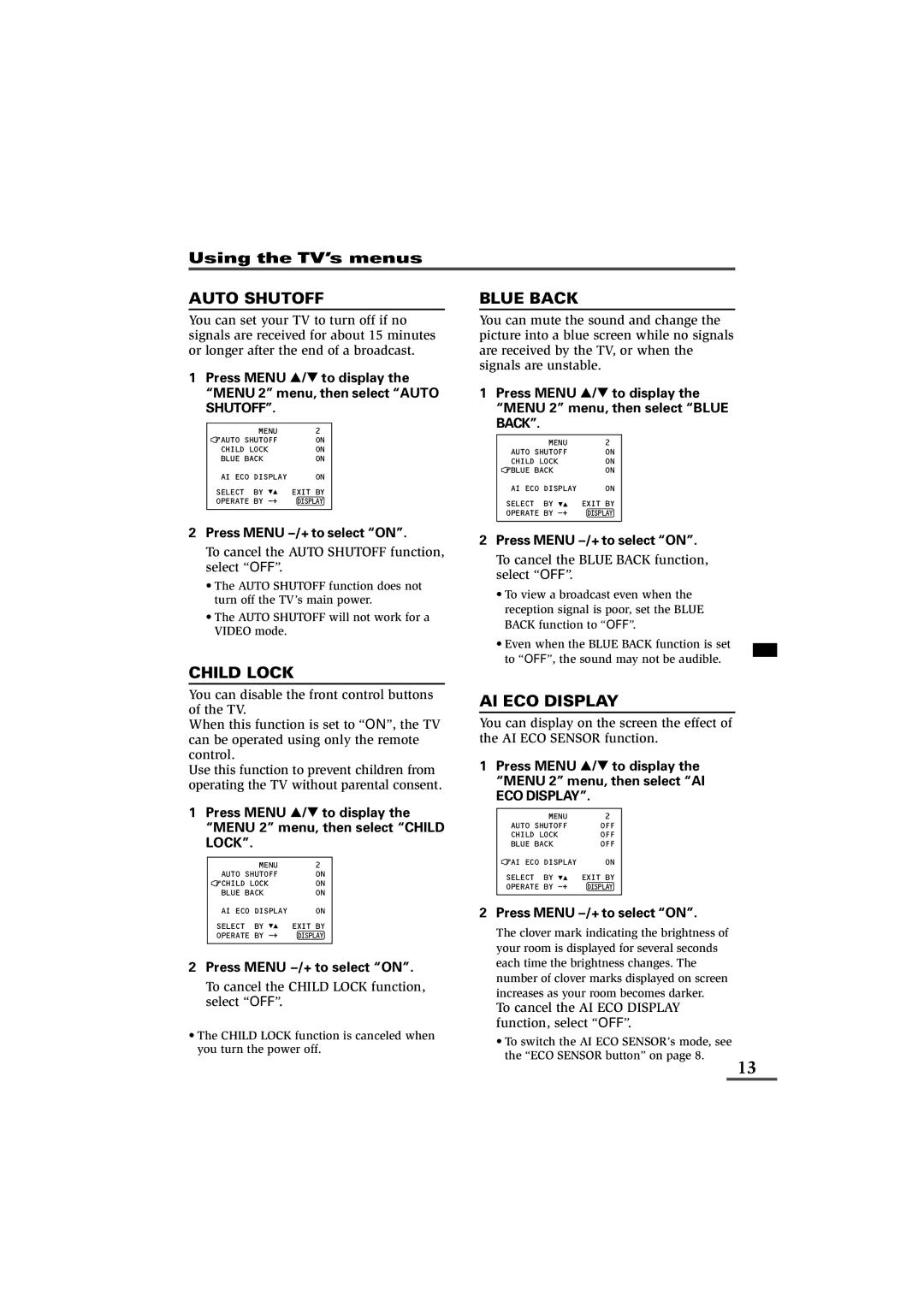 JVC AV-14F43, AV-20N43, AV-21D43 specifications Auto Shutoff, Child Lock, Blue Back, AI ECO Display 