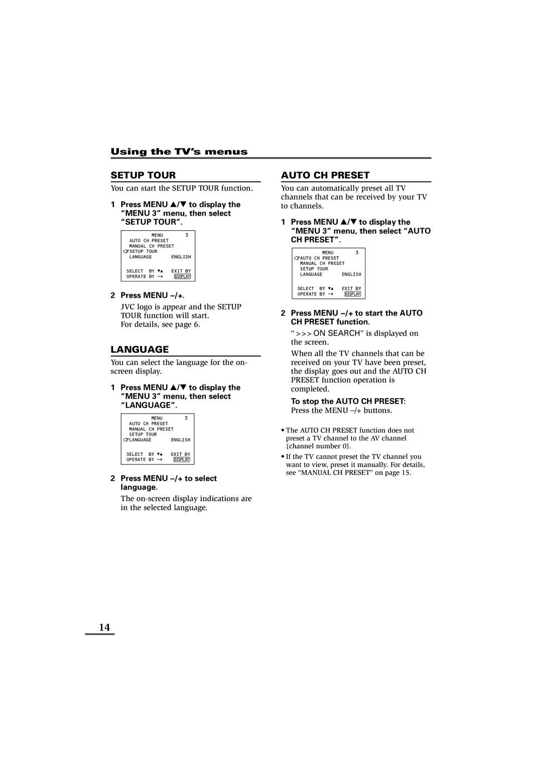 JVC AV-14F43, AV-20N43, AV-21D43 specifications Setup Tour, Language, Auto CH Preset 