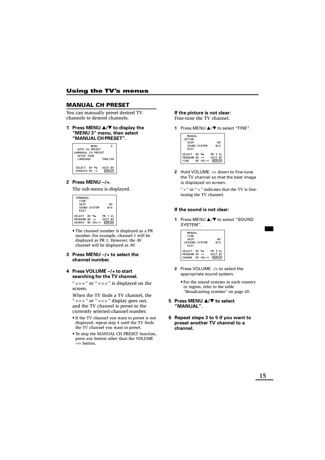 JVC AV-14F43, AV-20N43, AV-21D43 specifications Manual CH Preset, Press Menu Tto display the Menu 3 menu, then select 