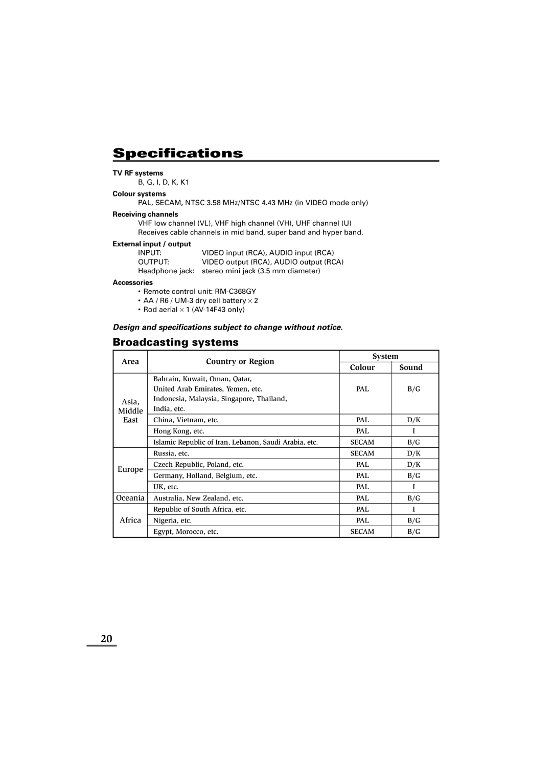 JVC AV-14F43, AV-20N43, AV-21D43 specifications Specifications, Broadcasting systems 