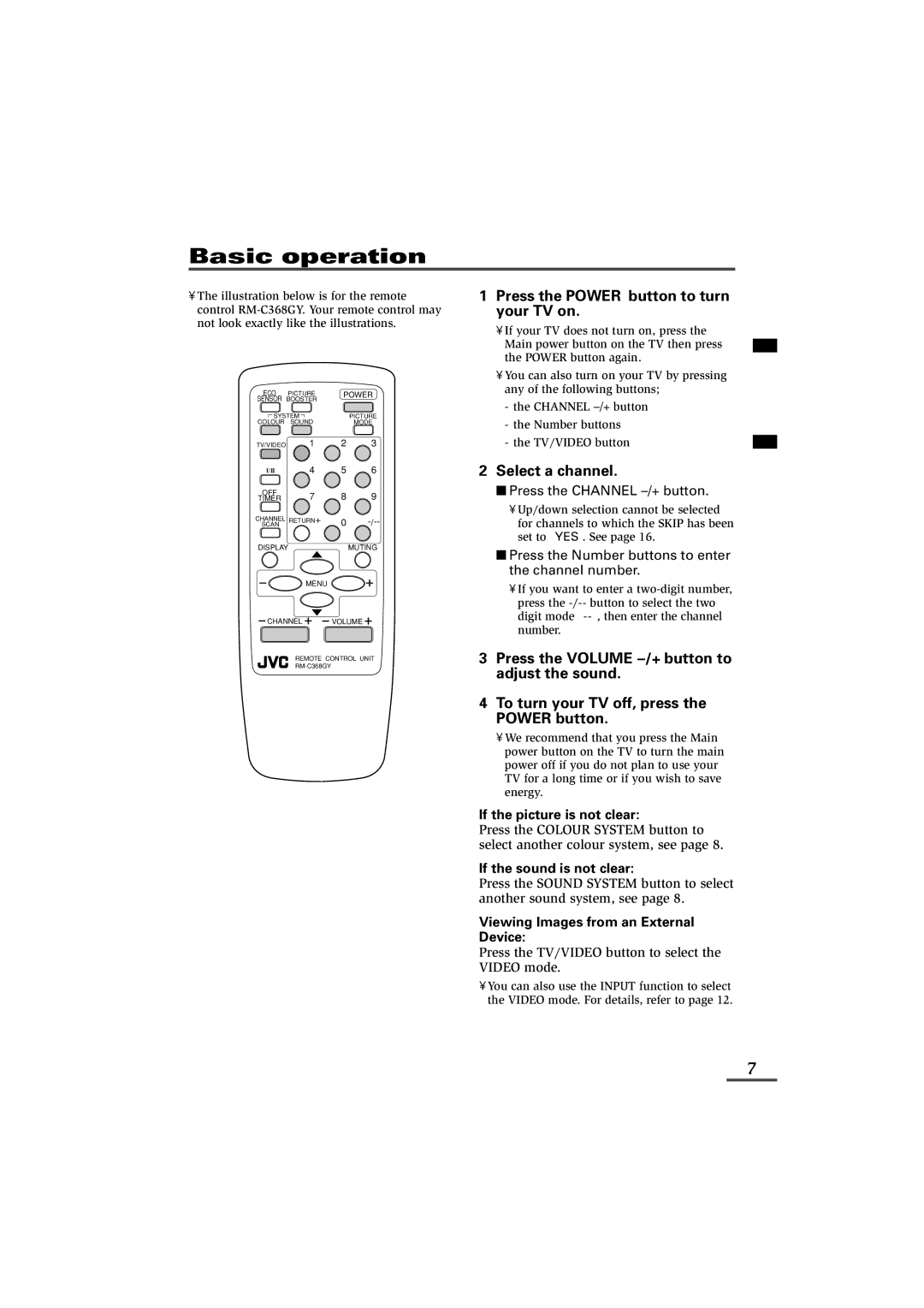 JVC AV-14F43, AV-20N43, AV-21D43 specifications Basic operation, If the picture is not clear, If the sound is not clear 