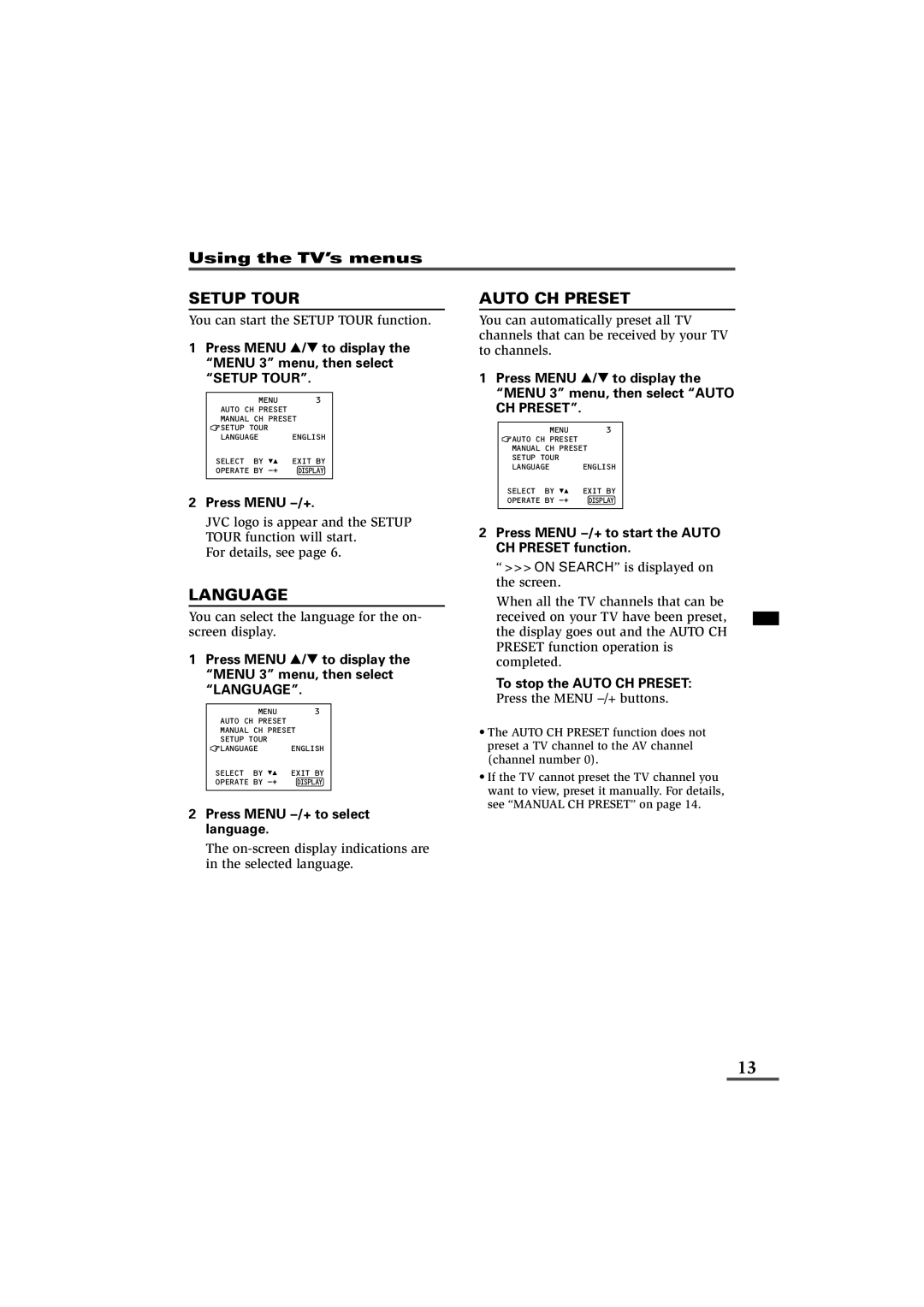 JVC AV-14FB116, AV-21B116, AV-21C116, AV-21D116, AV-21V116 specifications Setup Tour, Language, Auto CH Preset 