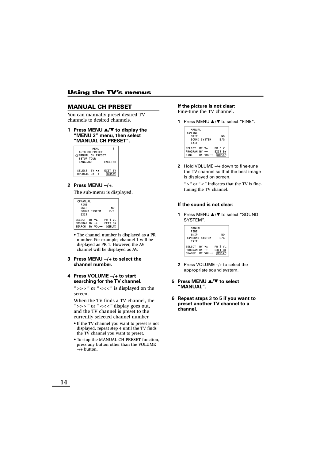 JVC AV-14FB116, AV-21B116, AV-21C116, AV-21D116, AV-21V116 specifications Manual CH Preset, Sub-menu is displayed 