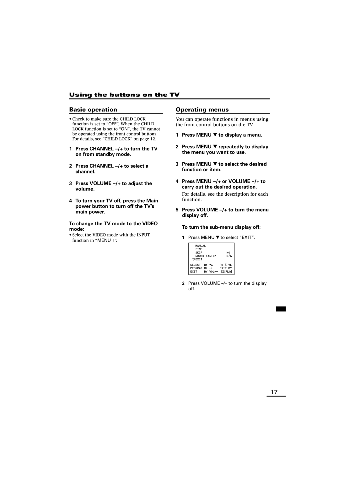 JVC AV-14FB116, AV-21B116, AV-21C116, AV-21D116, AV-21V116 specifications Basic operation, Operating menus 