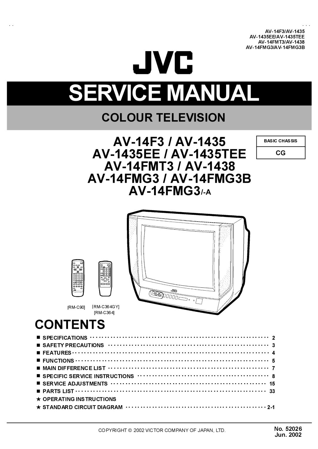 JVC AV-14FMG3B, AV-14FMT3, AV-1435EE, AV-1435TEE, AV-1438, AV-14FMG3/-A, AV-14F3 service manual Contents 