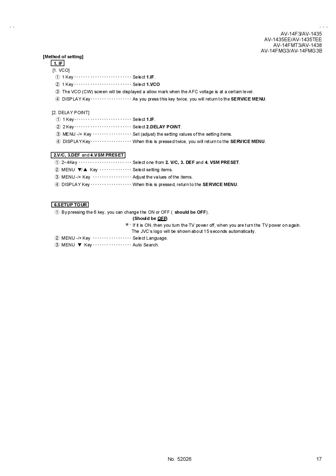 JVC AV-14F3, AV-14FMT3, AV-14FMG3B, AV-1435EE Method of setting, C, 3.DEF and 4.VSM Preset, Setup Tour, Should be OFF 