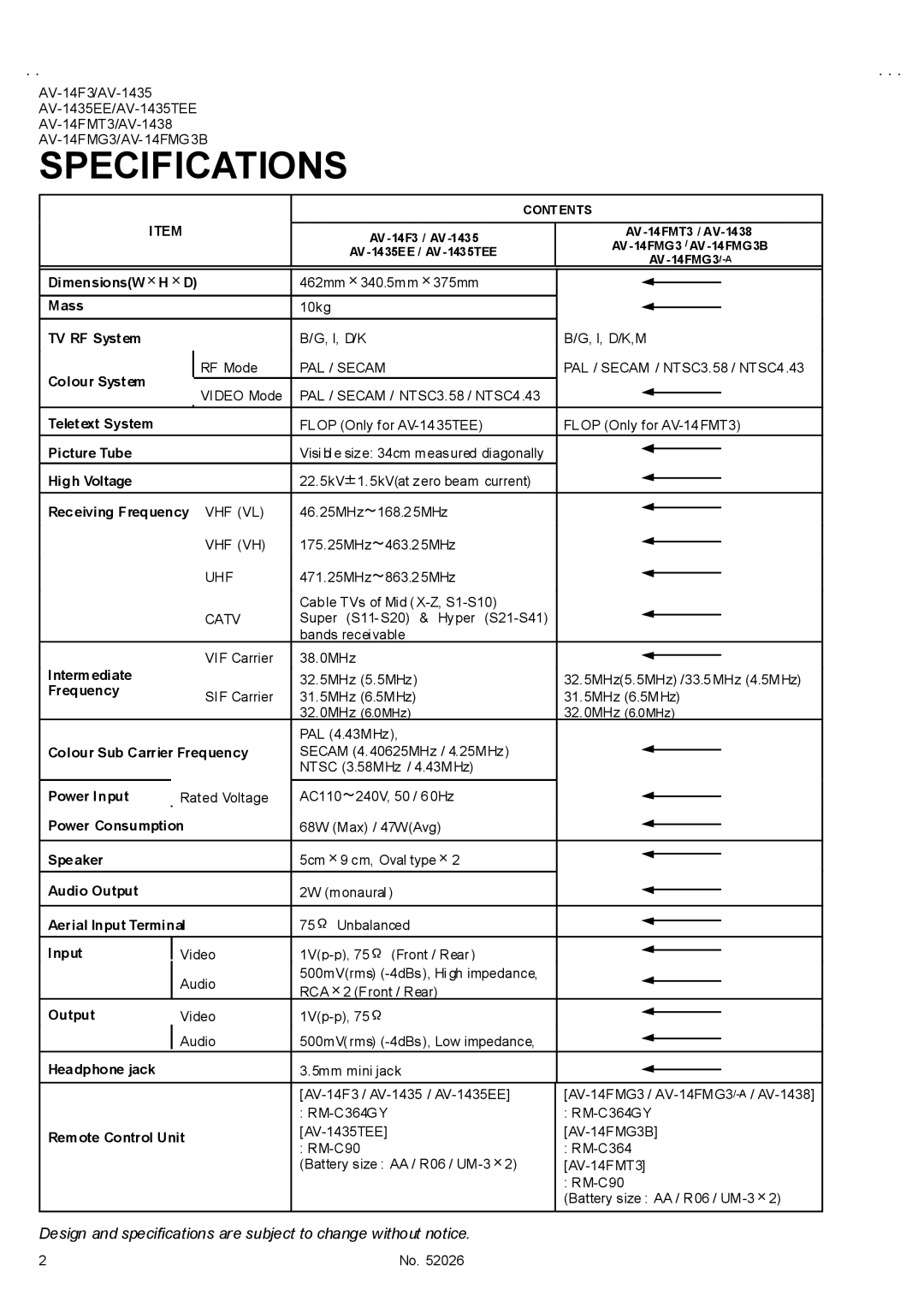 JVC AV-1435EE, AV-14FMG3B, AV-1435TEE, AV-14FMG3/-A service manual Specifications, Ents, AV-14F3 / AV-1435 AV-14FMT3 / AV-1438 