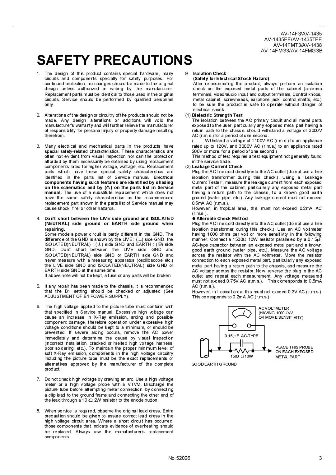 JVC AV-1435TEE, AV-14FMT3, AV-14FMG3B, AV-1435EE, AV-1438, AV-14FMG3/-A, AV-14F3 service manual Safety Precautions 