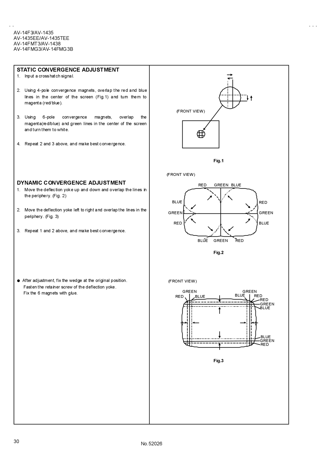 JVC AV-1435TEE, AV-14FMT3, AV-14FMG3B, AV-1435EE, AV-1438 Static Convergence Adjustment, Dynamic Convergence Adjustment 