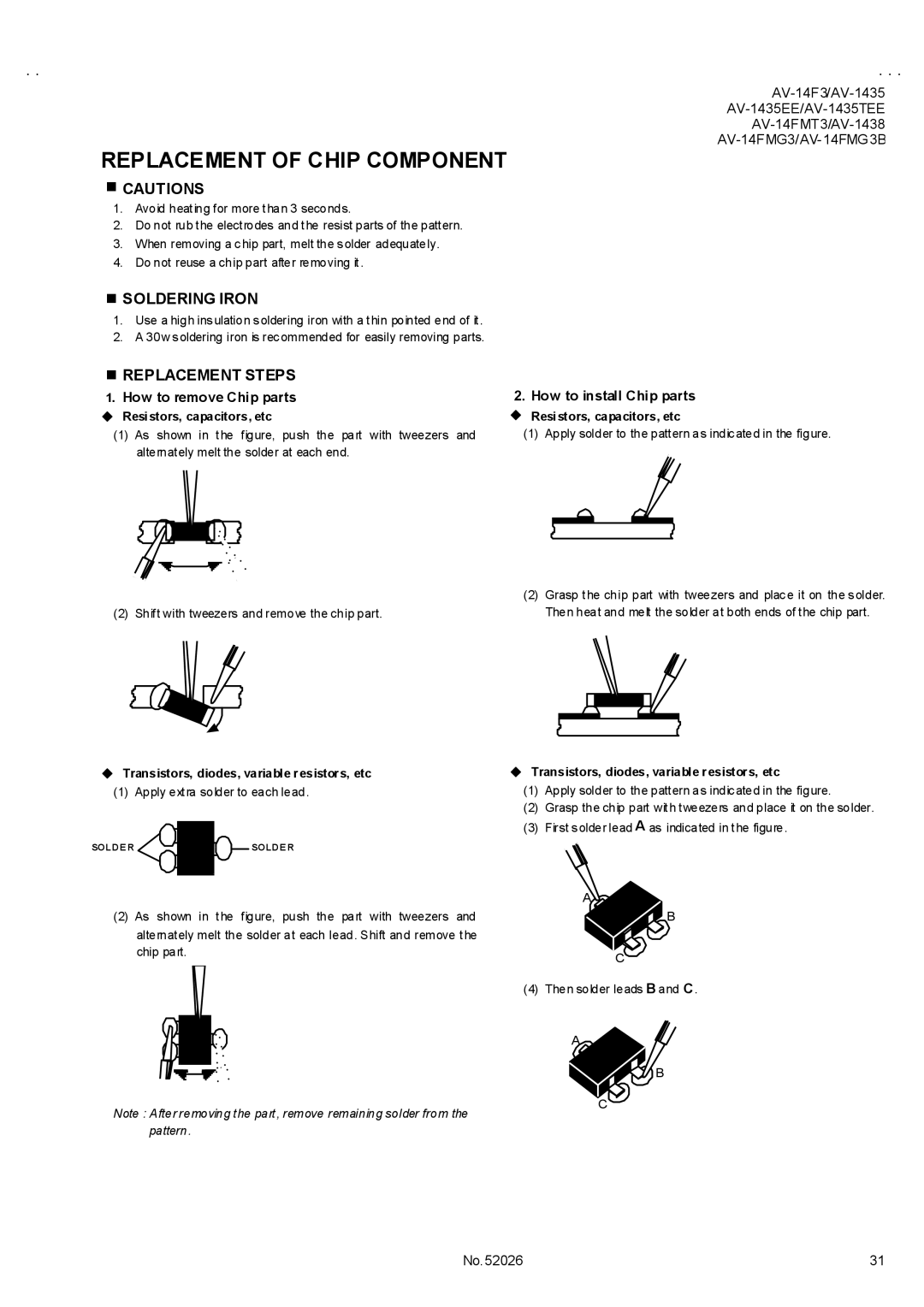 JVC AV-1438, AV-14FMT3, AV-14FMG3B, AV-1435EE, AV-1435TEE Replacement of Chip Component, Soldering Iron, Replacement Steps 