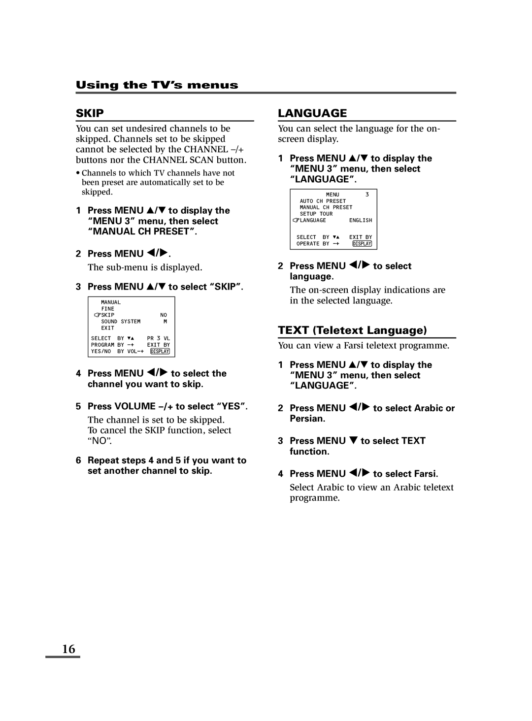 JVC AV-14FMT3, AV-21DMT3, AV-21LMT3 specifications Press Menu T to select Skip, Press Menu / to select language 