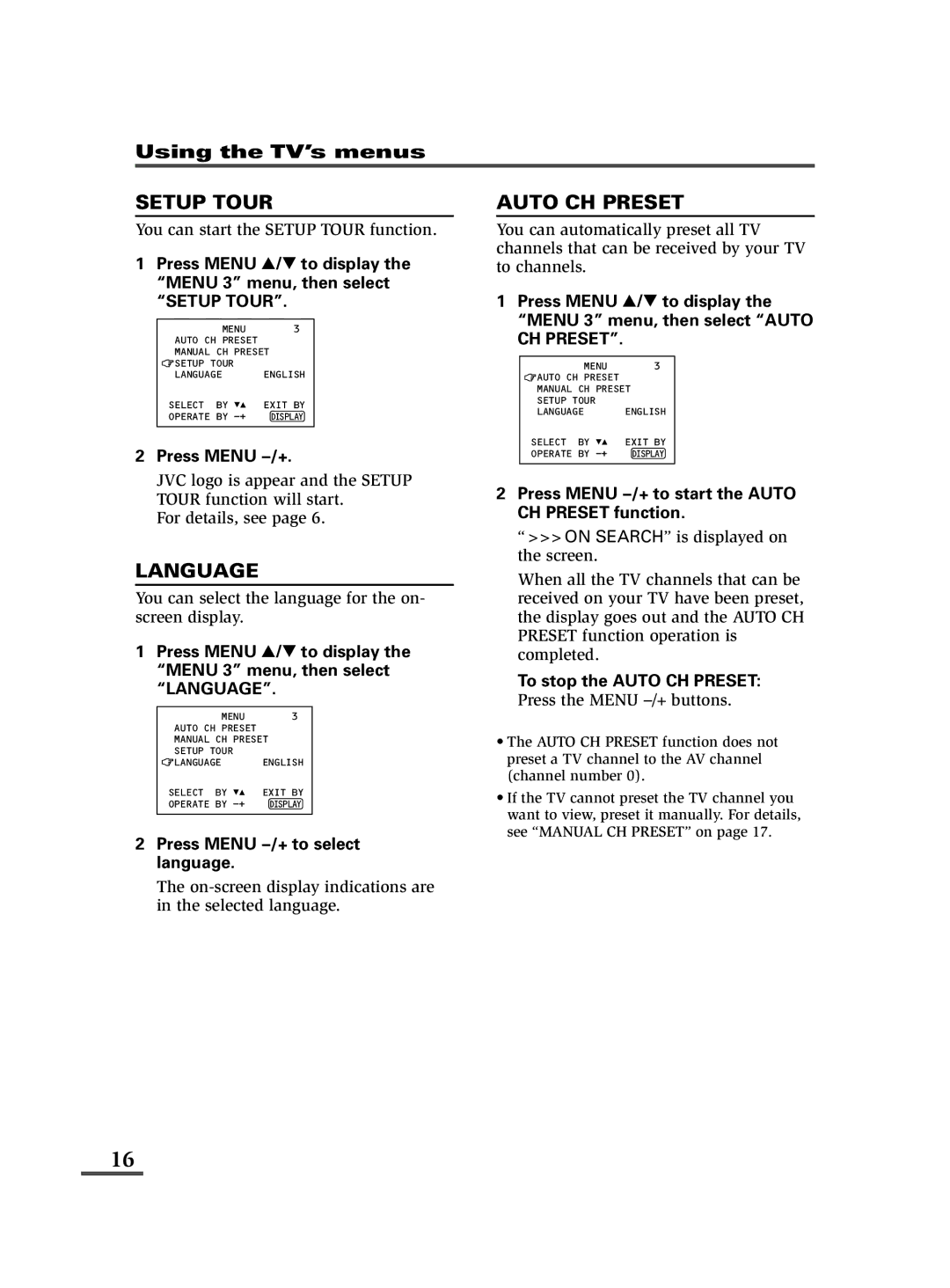 JVC AV-14FMT3, AV-21DMT3, AV-21LMT3 Press Menu M to select language, Press Menu M to start the Auto CH Preset function 