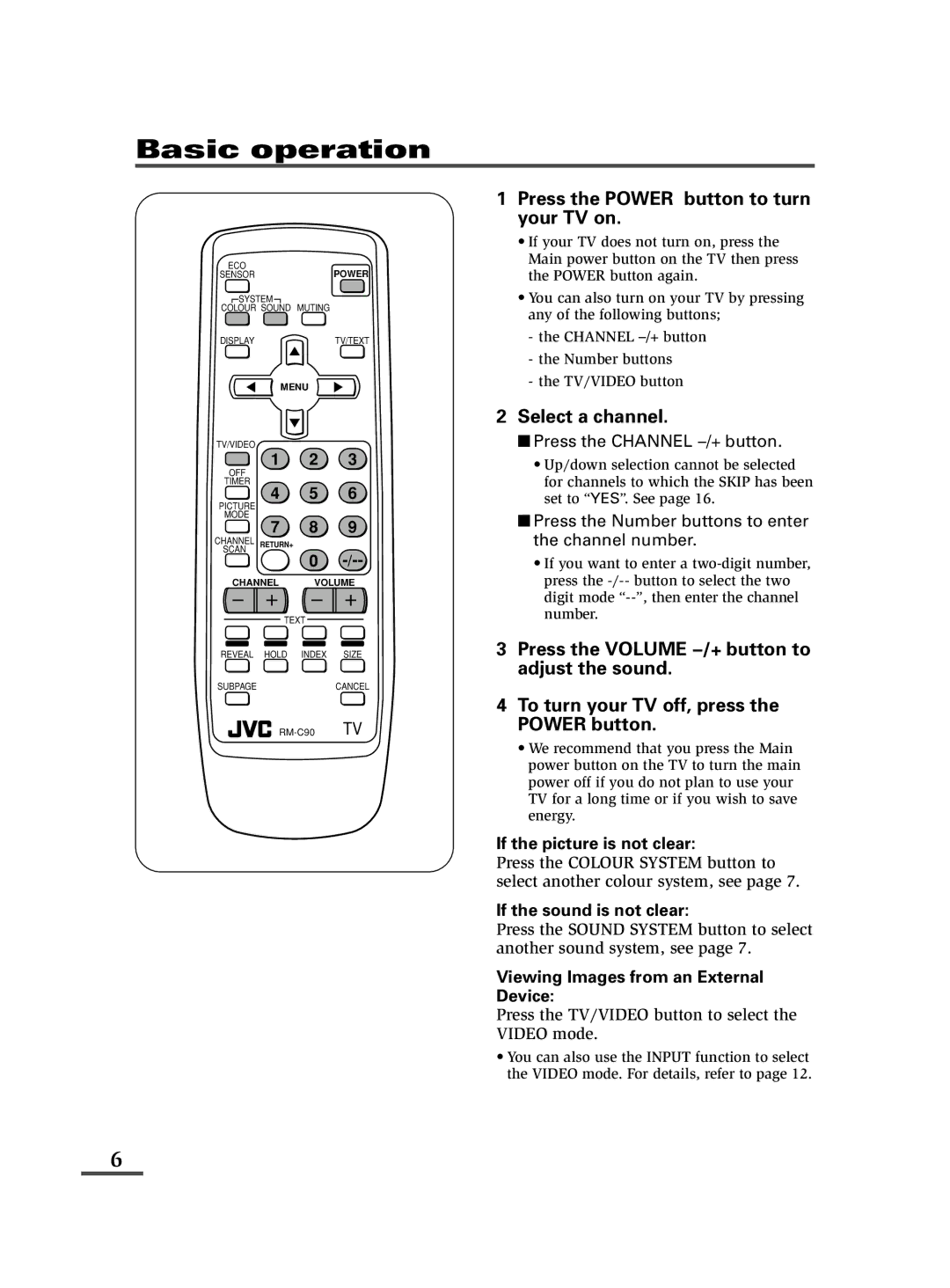 JVC AV-14FMT3, AV-21DMT3, AV-21LMT3 specifications Basic operation, If the picture is not clear, If the sound is not clear 