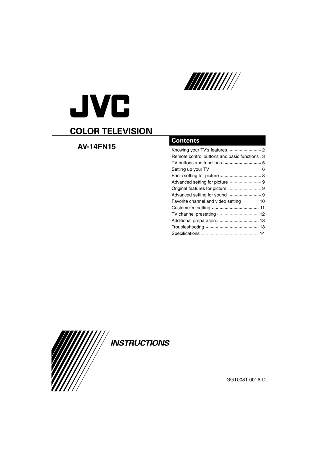 JVC AV-14FN15 specifications Color Television 