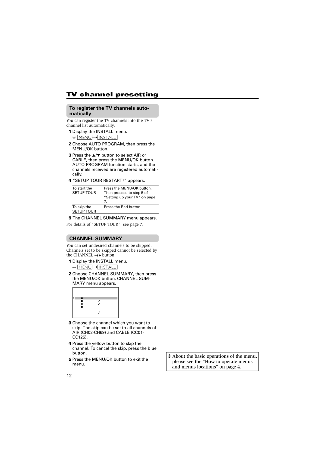 JVC AV-14FN15 TV channel presetting, To register the TV channels auto- matically, Channel Summary, Menu Install 