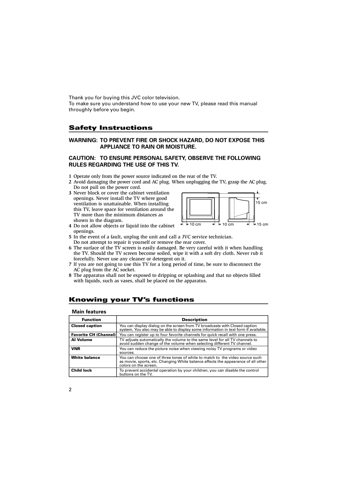 JVC AV-14FN15 specifications Safety Instructions, Knowing your TV’s functions, Main features, Function Description 