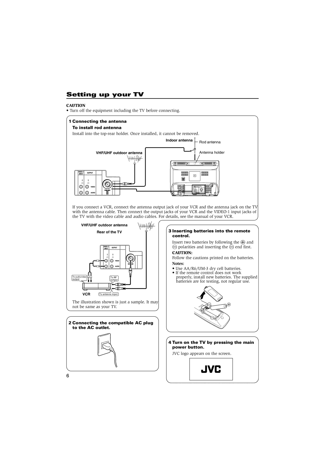 JVC AV-14FN15 specifications Setting up your TV, Connecting the antenna To install rod antenna 