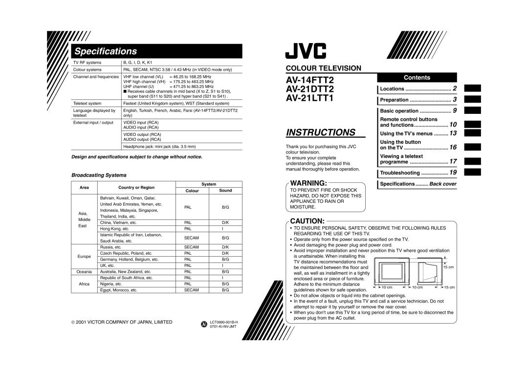 JVC AV-14FTT2, AV-21DTT2, AV-21LTT1 specifications Specifications, Instructions 