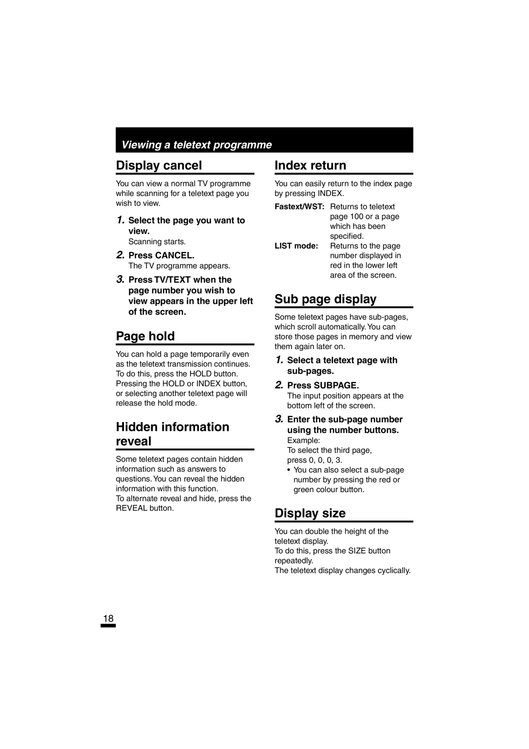 JVC AV-14FTT2, AV-21DTT2, AV-21LTT1 Display cancel, Hold, Index return, Sub page display, Hidden information reveal 