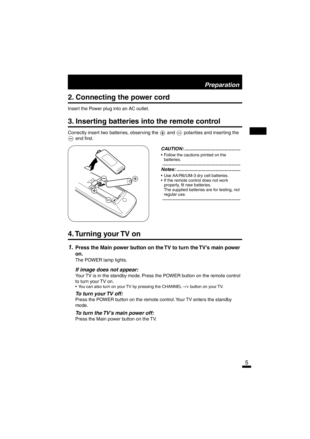 JVC AV-14FTT2, AV-21DTT2, AV-21LTT1 specifications Connecting the power cord, Inserting batteries into the remote control 