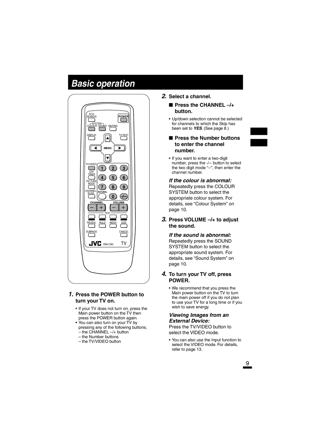 JVC AV-14FTT2, AV-21DTT2, AV-21LTT1 specifications Basic operation, If the colour is abnormal, If the sound is abnormal 