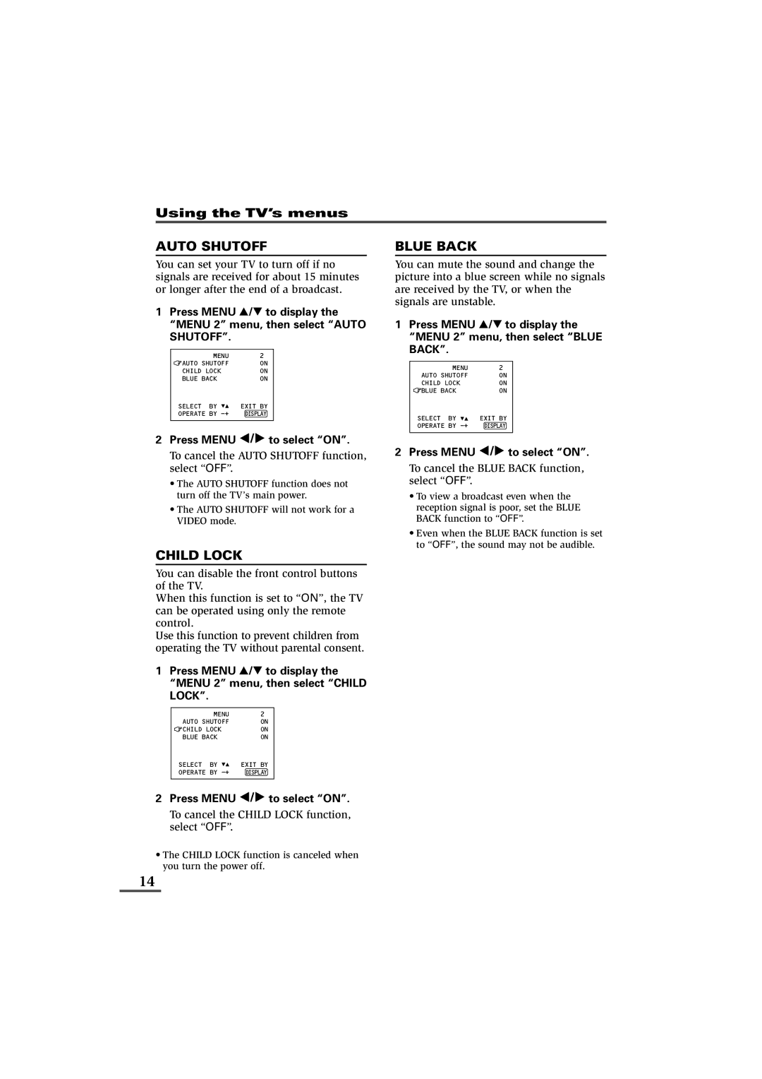 JVC AV-14KG11, AV-14KG21, AV-14UG11 specifications Auto Shutoff, Child Lock, Blue Back 