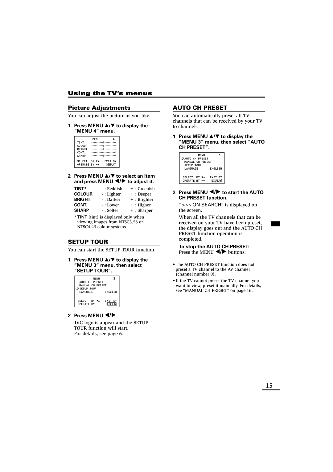 JVC AV-14KG11, AV-14KG21, AV-14UG11 specifications Picture Adjustments, Setup Tour, Auto CH Preset 