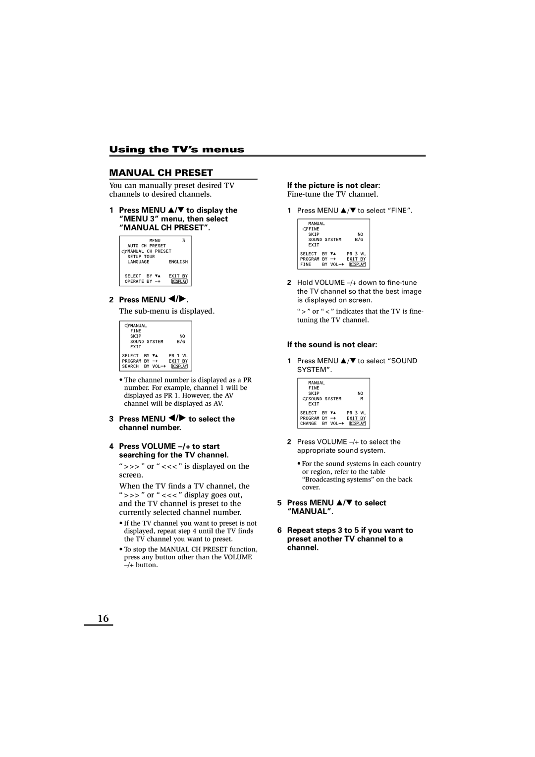 JVC AV-14KG11, AV-14KG21, AV-14UG11 specifications Manual CH Preset, Press Menu T to display the Menu 3 menu, then select 