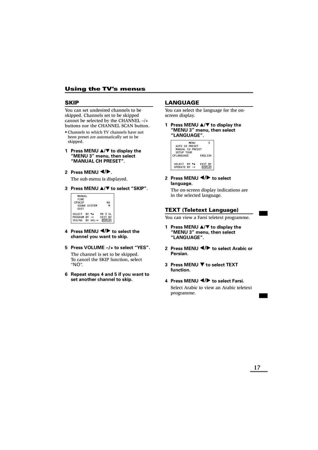 JVC AV-14KG11, AV-14KG21, AV-14UG11 specifications Text Teletext Language, Press Menu T to select Skip 