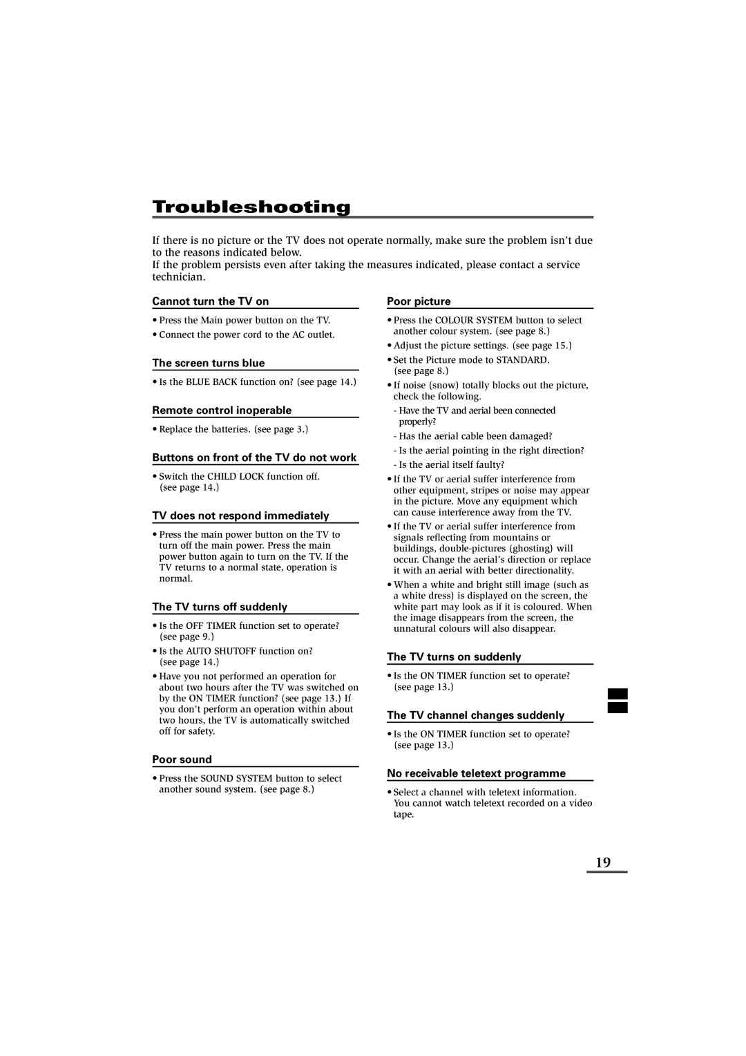 JVC AV-14KG11, AV-14KG21, AV-14UG11 specifications Troubleshooting 