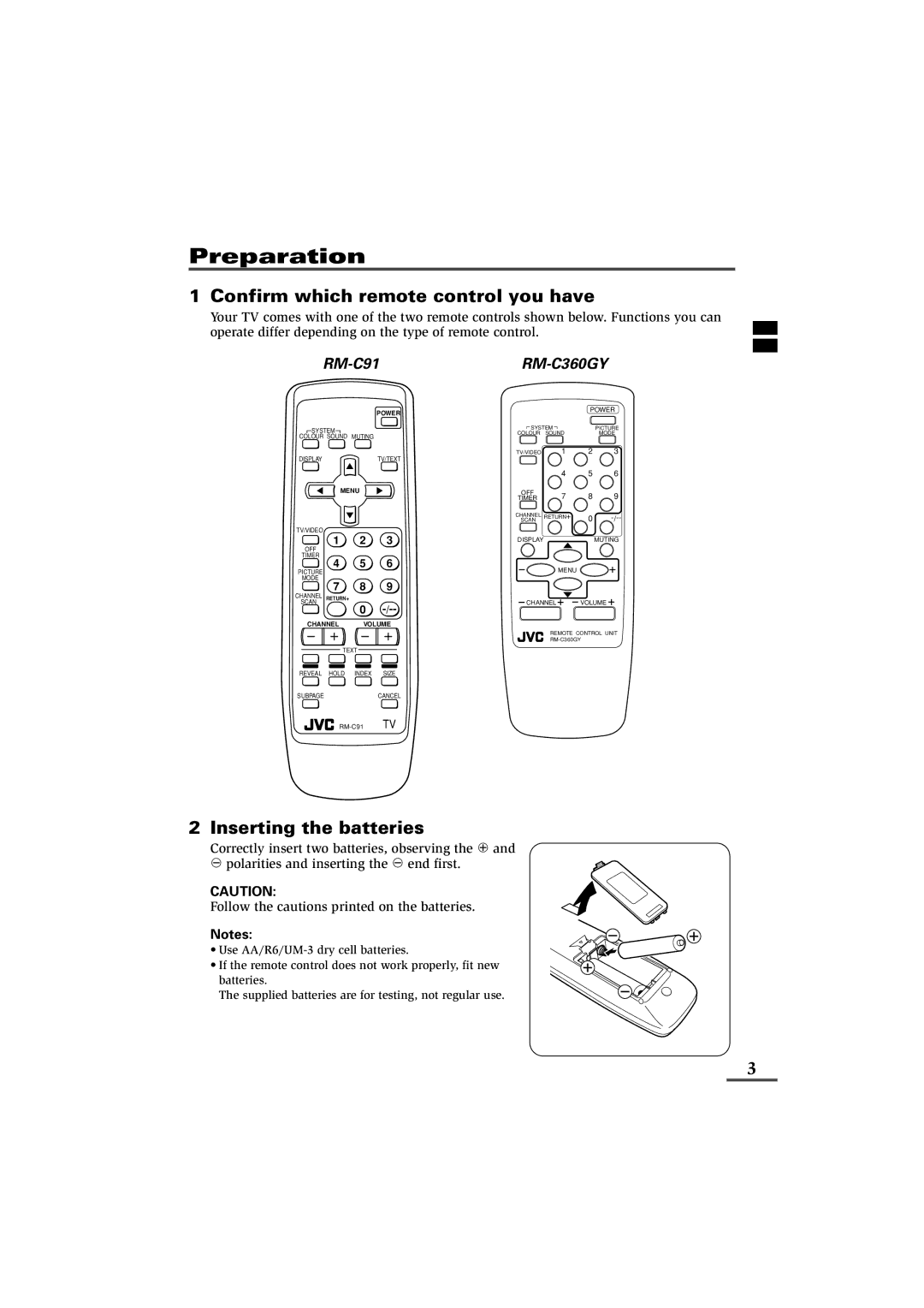 JVC AV-14KG11, AV-14KG21, AV-14UG11 Preparation, Confirm which remote control you have, Inserting the batteries 