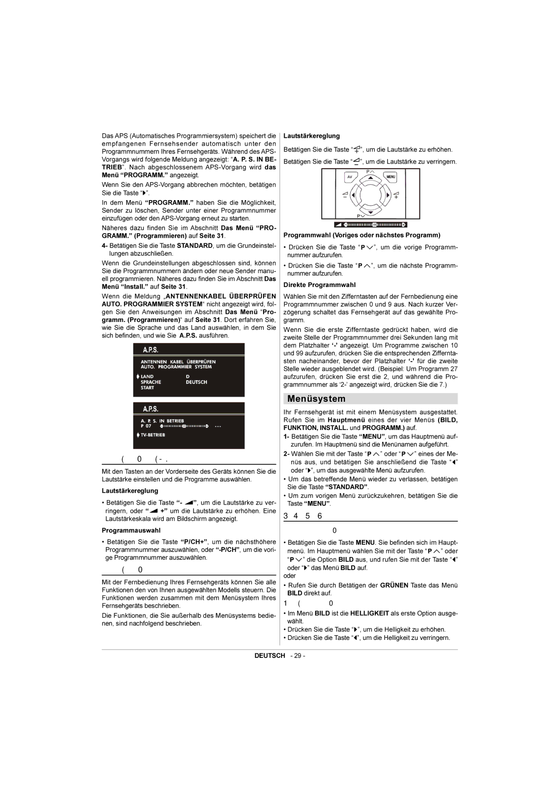 JVC AV-14RM4SP Menüsystem, Bedienung mit den Tasten am Gerät, Bedienung mit den Tasten der Fernbedienung, Das Menü Bild 