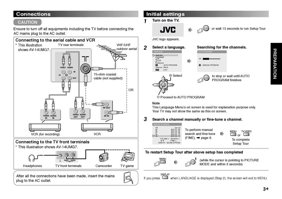 JVC GGT0130-002A-H, AV-14U19 instruction manual Connections, Initial settings, Connecting to the aerial cable and VCR 