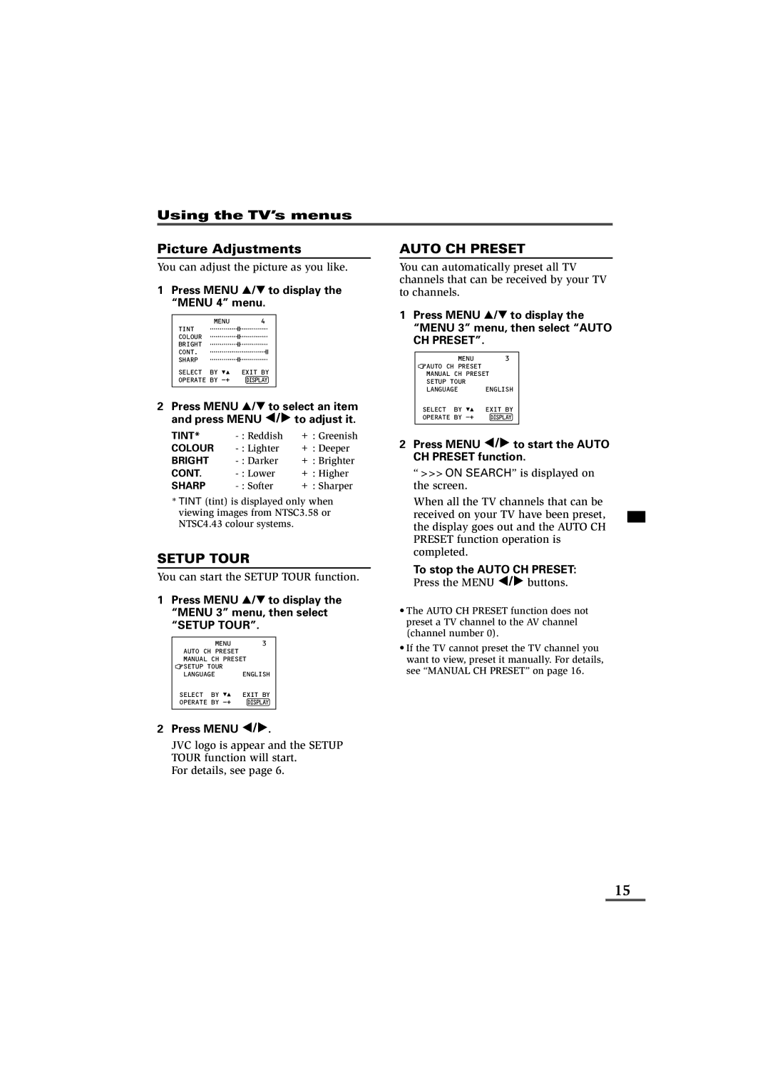 JVC AV-16KG11, AV-16KG21, LCT1369-001A specifications Picture Adjustments, Setup Tour, Auto CH Preset 