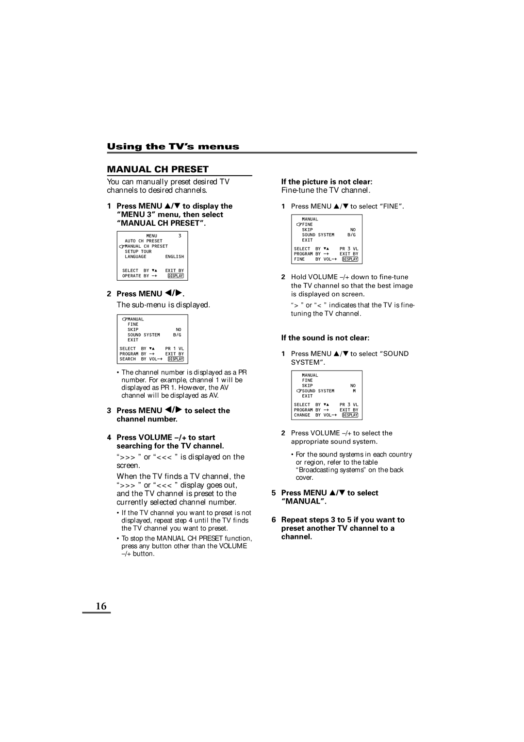 JVC AV-16KG21, AV-16KG11 Manual CH Preset, Press Menu T to display the Menu 3 menu, then select, Sub-menu is displayed 