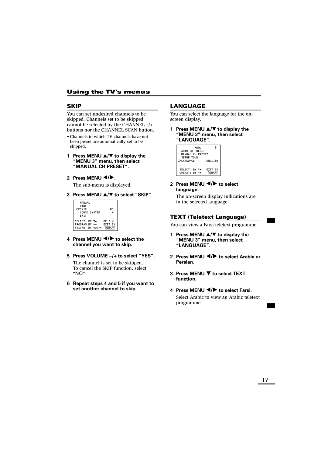 JVC LCT1369-001A, AV-16KG11 Text Teletext Language, Press Menu T to select Skip, Press Menu / to select language 