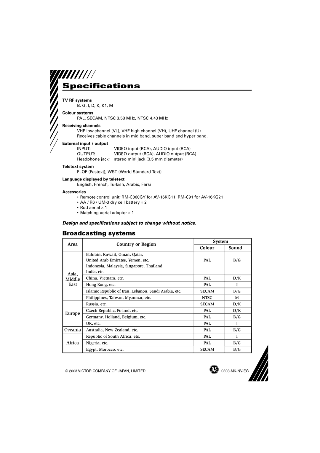 JVC LCT1369-001A, AV-16KG11, AV-16KG21 specifications Specifications, Broadcasting systems 