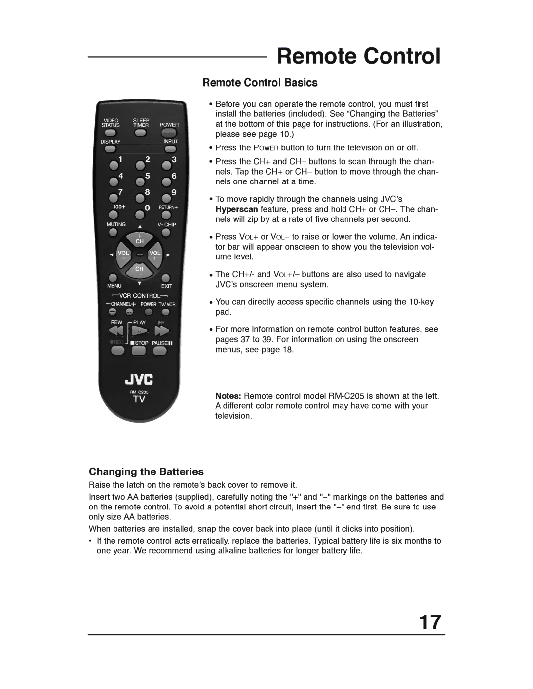 JVC AV 20321, C-13311, C-13310, AV 20320 manual Remote Control, Changing the Batteries 