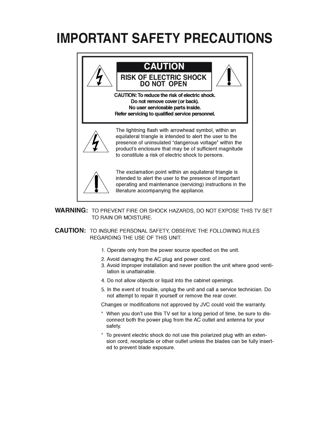 JVC AV 20321, AV 20320, AV-20320, AV-20321, C-20310, C-13310, C-13311 manual Important Safety Precautions 