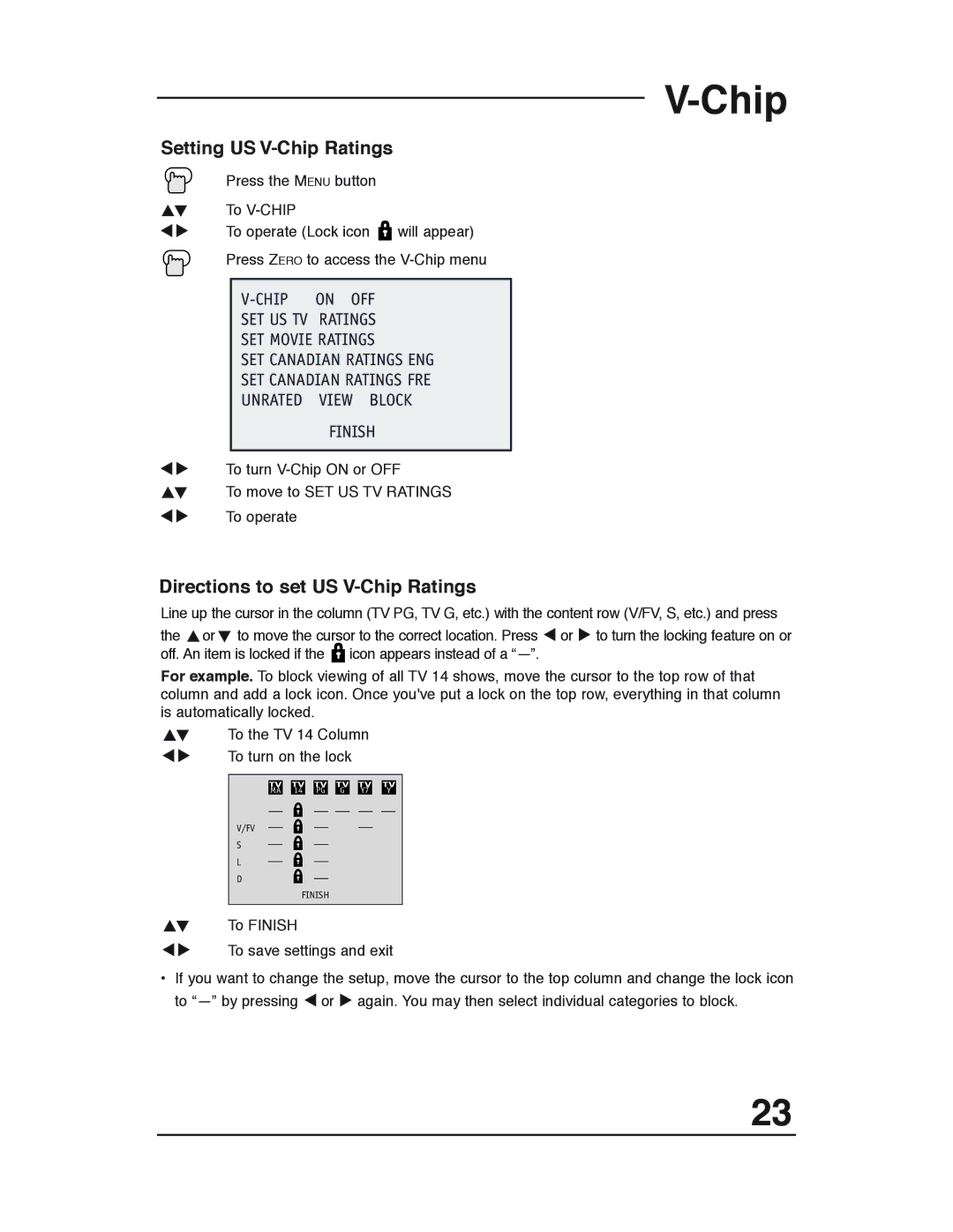 JVC AV 20320, C-13311, C-13310, AV 20321 manual Setting US V-Chip Ratings, Directions to set US V-Chip Ratings 