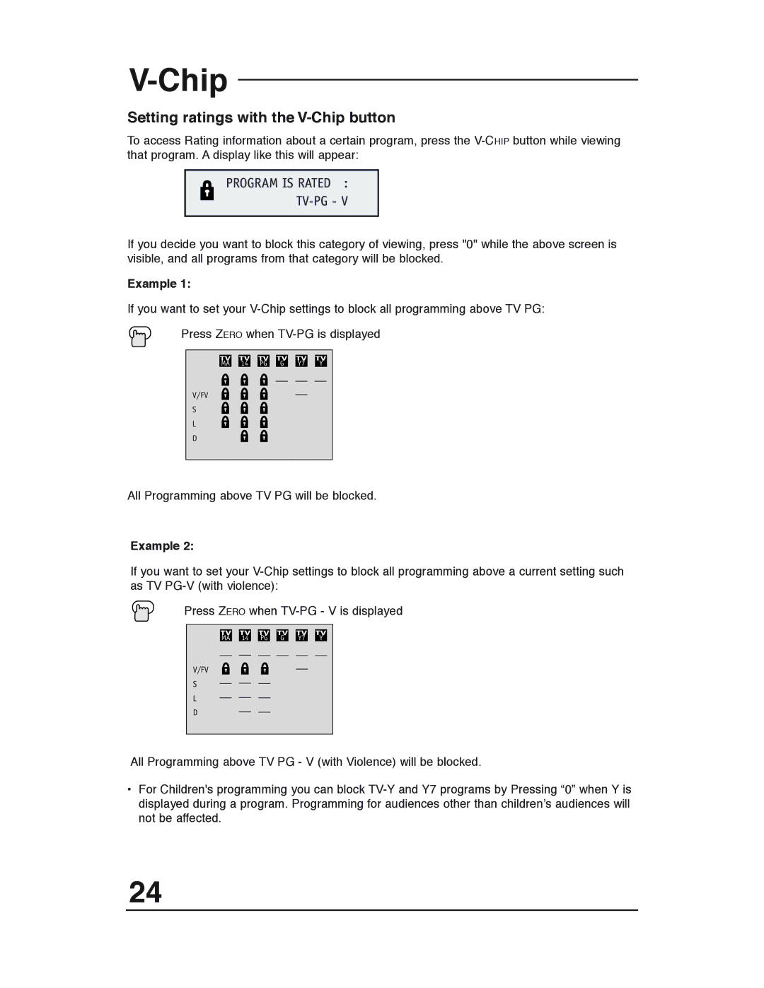 JVC AV-20320, AV-20321, C-20310, C-13310, C-13311 Setting ratings with the V-Chip button, Program is Rated TV-PG, Example 